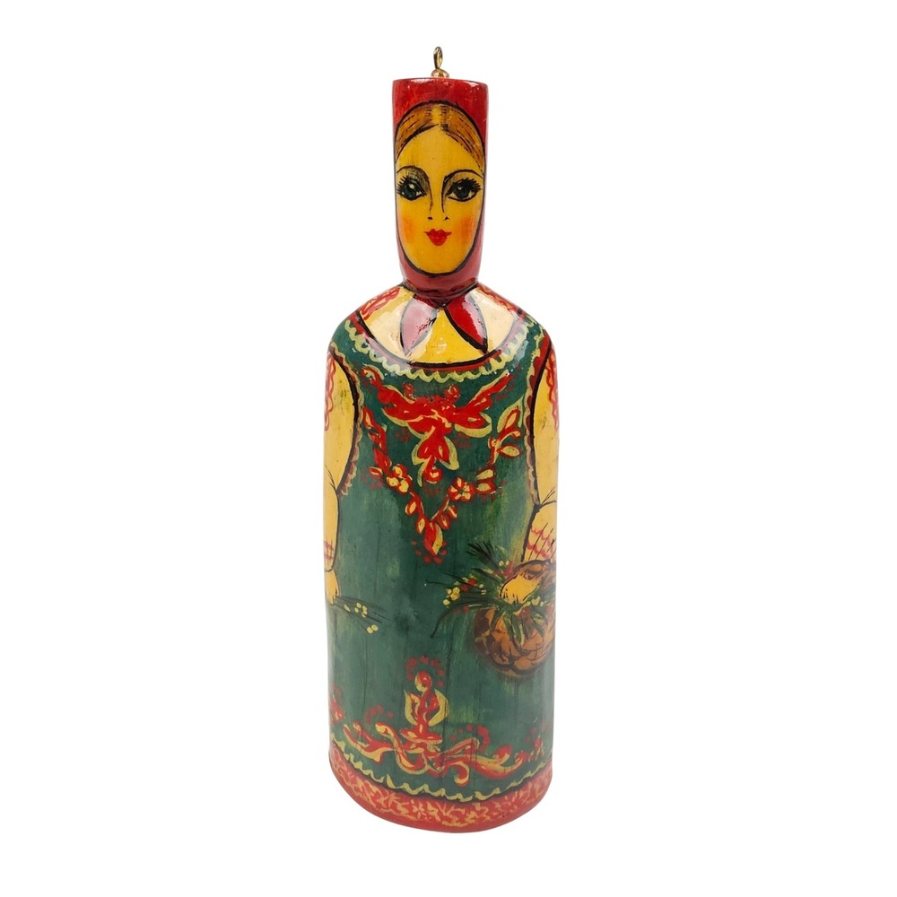 Vintage Russian Hand Painted Wooden Folk Art Woman Ornament Moscow 4.5 Inch